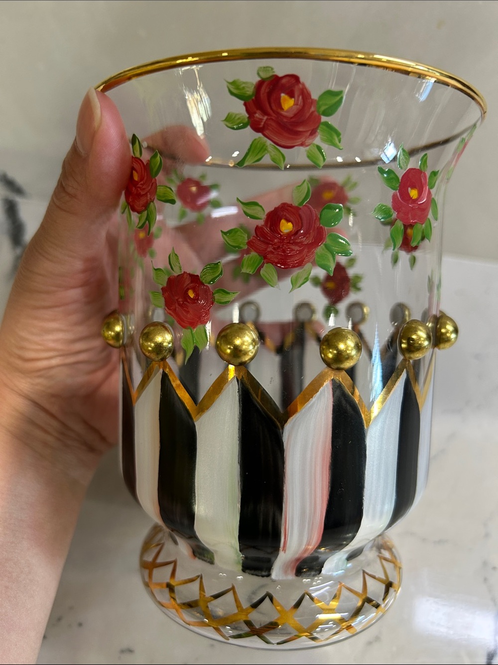 MacKenzie-Childs Hand-Painted Floral Glass Vase in Red, Black & Gold - Picture 6 of 6